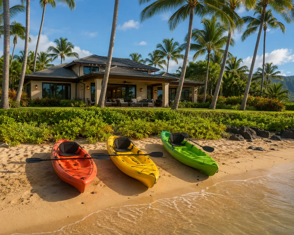 Three kayaks on a sandy beach with a house and palm trees in the background.