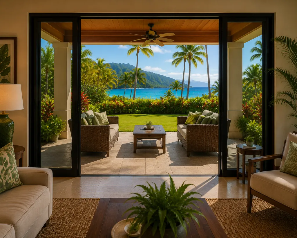 Living room with sliding doors to a patio, ocean view, and lush greenery.