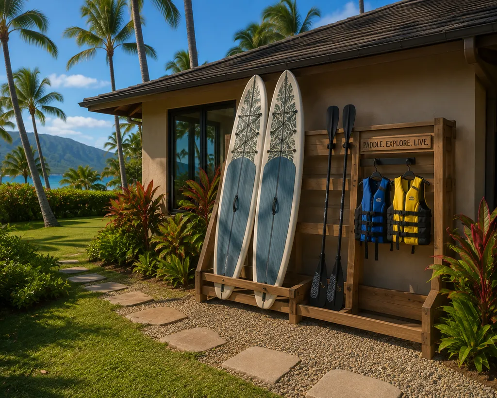 Two surfboards and paddles outside a house with tropical plants and ocean view.