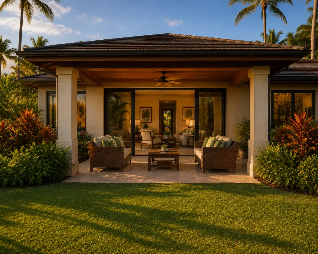 Covered patio with outdoor furniture, lush greenery, and a tropical setting.