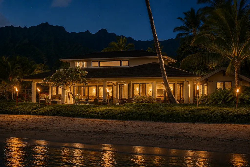 A large house with many windows, lit up at night, near a beach.