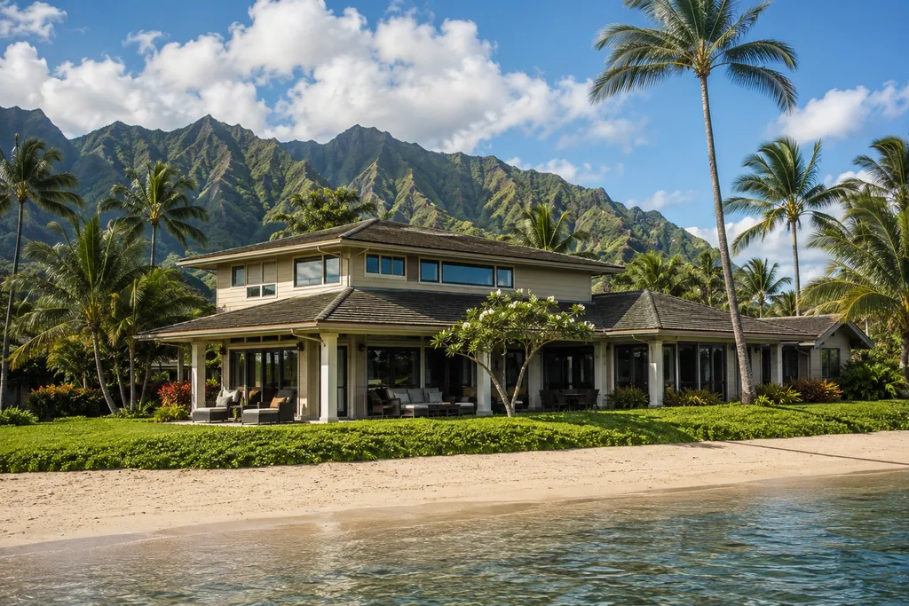 A beach house with a mountain backdrop, lush greenery, and palm trees.