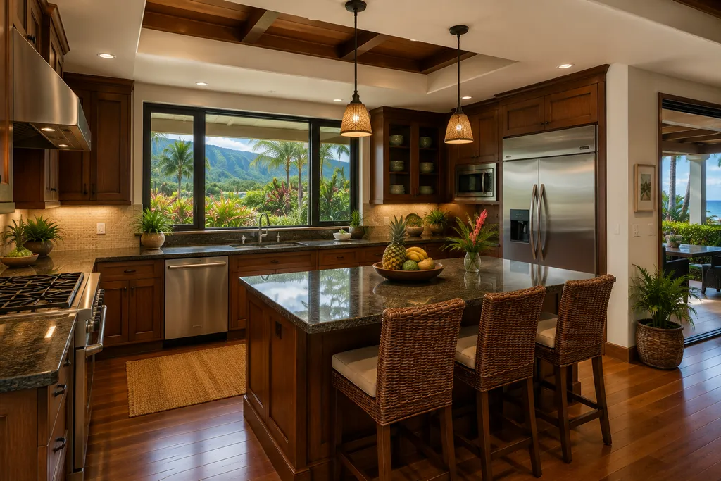 Kitchen with island, chairs, and a view of mountains.