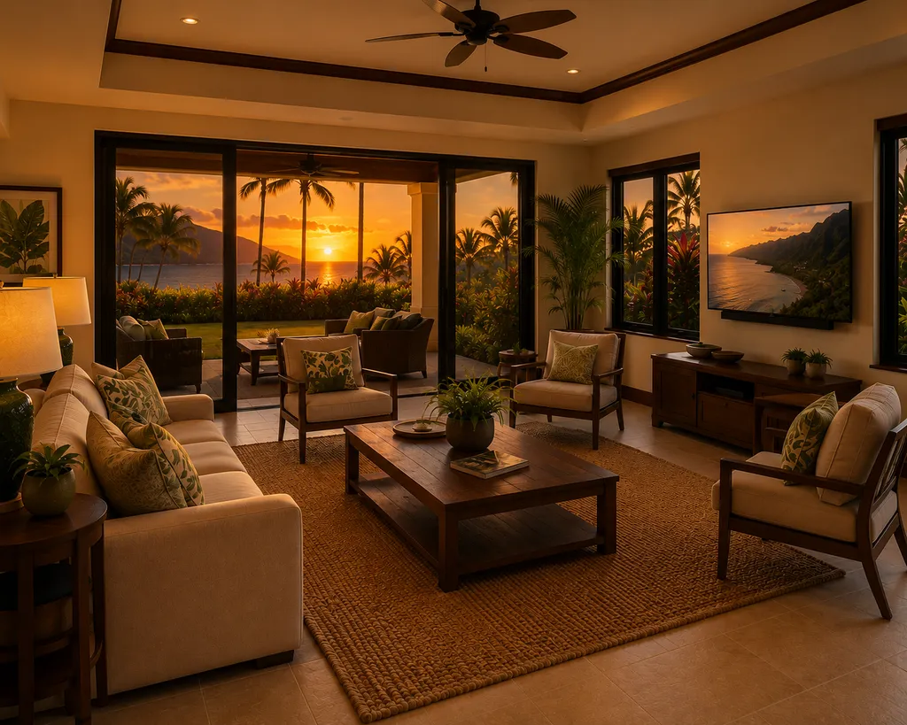 Living room with ocean view, sunset, and large windows.