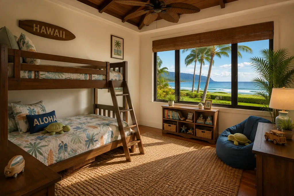 A bedroom with a bunk bed, a window showing the ocean, and a tropical plant.