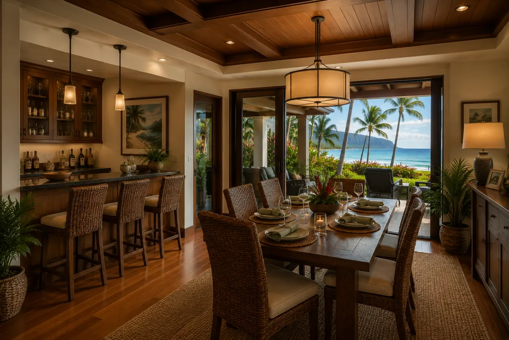 A dining area with a view of the ocean and a wooden dining table.