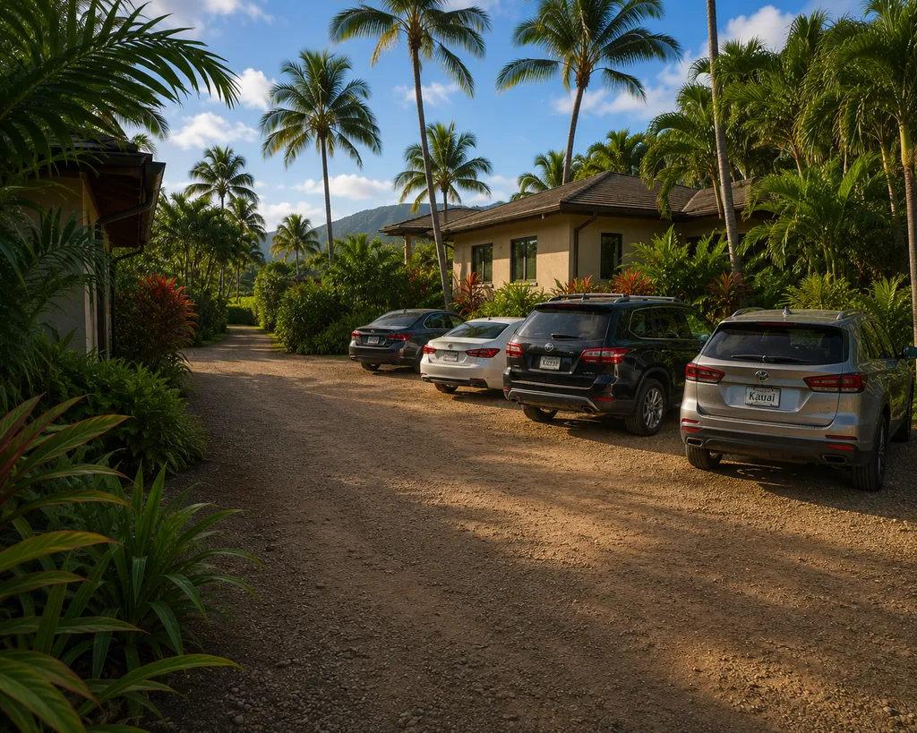Four cars parked on a dirt driveway with tropical plants and palm trees.