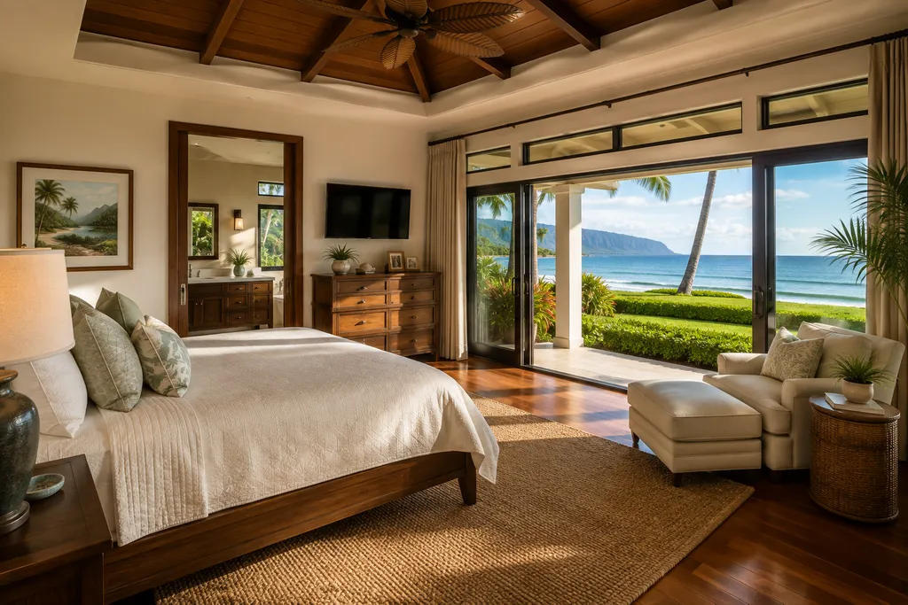 A bedroom with a bed, chair, and sliding glass doors to a beach view.